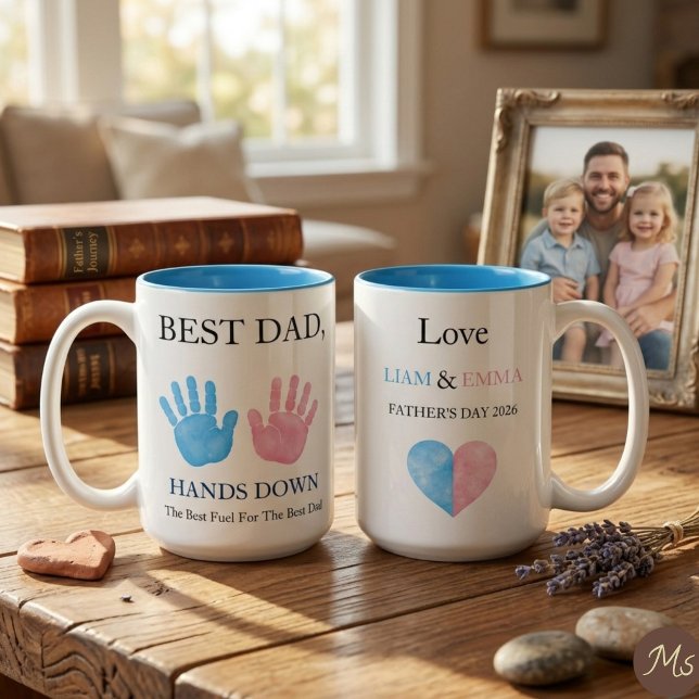 2 Couleurs Tasse à café avec empreinte de main d'enfant 'Meil (Both sides view of the personalized Father's Day mug. )