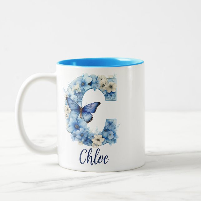 2 Couleurs Tasse à café bleu floral monogrammé 11 oz (Gauche)
