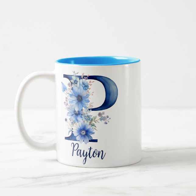 2 Couleurs Tasse à café bleu floral monogrammé 11 oz (Gauche)