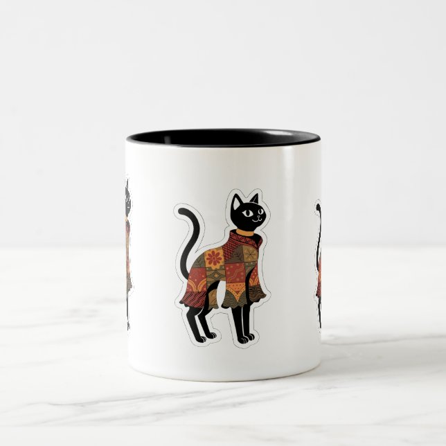 2 Couleurs Tasse à café chat noir patchwork bohème (Centre)