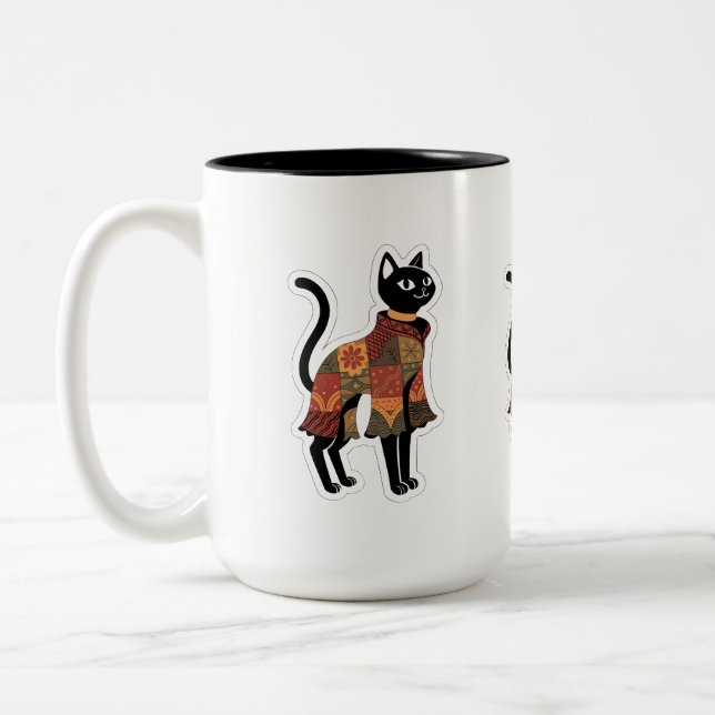 2 Couleurs Tasse à café chat noir patchwork Boho (Gauche)