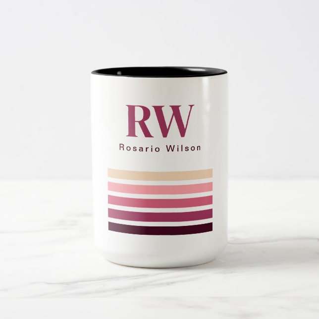 2 Couleurs Tasse à café Chic Rétro Rayures Monogramme (Centre)