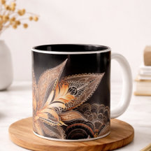 Tasse à café en marbre à plumes noires et dorées d