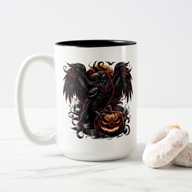 2 Couleurs Tasse à café Halloween Raven (Avec donut)