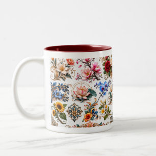 2 Couleurs Tasse à café vintage botanique florale bicolore.