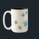 2 Couleurs Tasse à deux tons atomique iconique de Starbursts<br><div class="desc">Ce motif à deux tons atomique iconique de tasse de Starbursts comporte les starbursts atomiques iconiques. C'est exact ! La vieille école, arrière - plan crème avec des taches d'or est le contexte parfait pour la turquoise vibrante, le céleri calmant, et les cercles colorés de vert kitschy de poire. Les...</div>