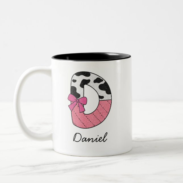 2 Couleurs Tasse à nom initial personnalisé | Vache rose Lett (Gauche)