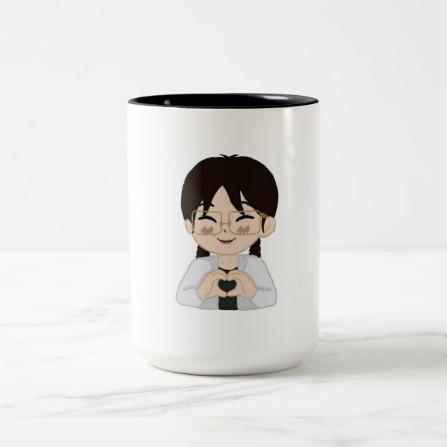 2 Couleurs Tasse autoportrait chibi mignon avec mains en form (Centre)