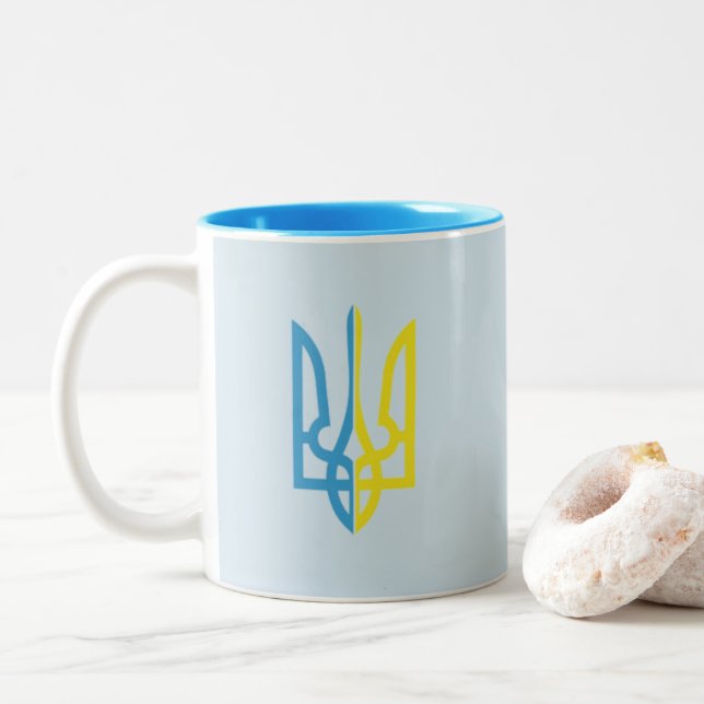 2 Couleurs Tasse bleue/jaune ukrainienne de Tryzub (Avec donut)