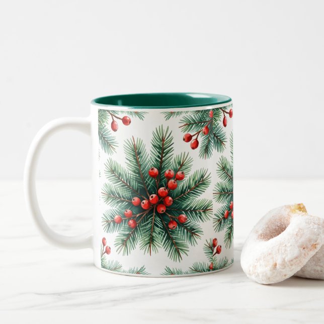 2 Couleurs Tasse Branche de pin de Noël et baies rouges | Fes (Avec donut)