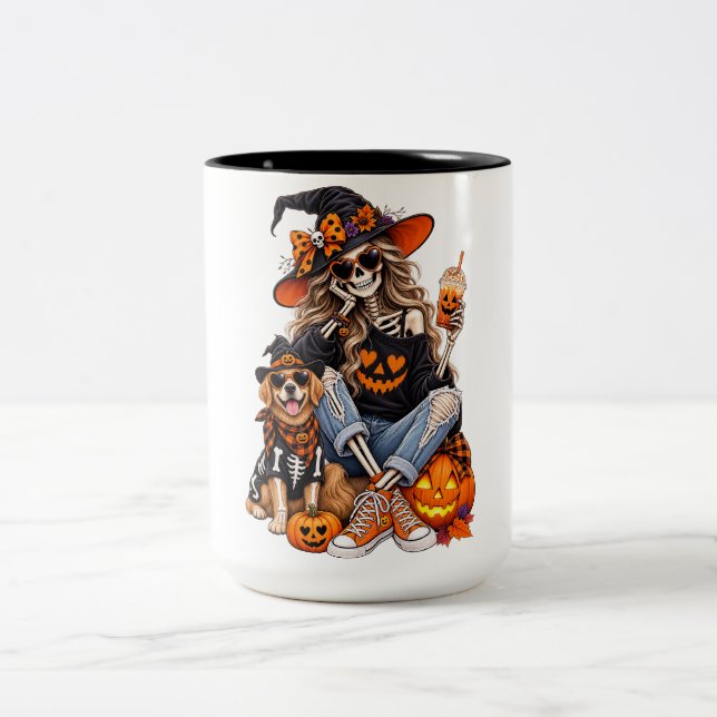 2 Couleurs Tasse de café Halloween Fille Sorcière Squelette a (Centre)