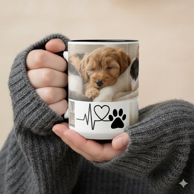 2 Couleurs Tasse de photo d'animal de compagnie avec empreint (Heartfelt paw print heartbeat mug for a rescue dog mom — perfect adoption day gift idea.)