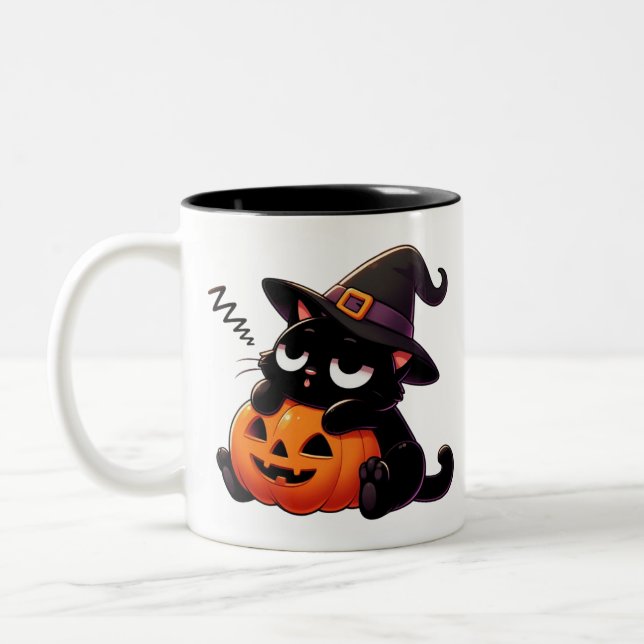 2 Couleurs Tasse Halloween Chat Sorcière Câlinant Citrouille  (Gauche)