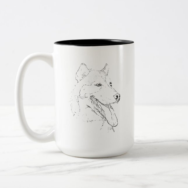 2 Couleurs Tasse Husky – Illustration à l'encre de chien dess (Gauche)