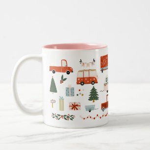 2 Couleurs Tasse Illustration de Noël Vintage Camions Rouges