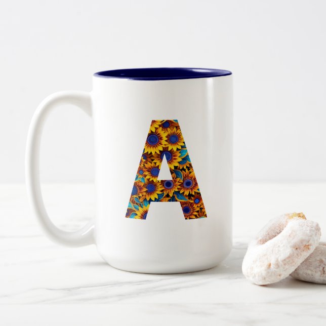 2 Couleurs Tasse lettre A avec tournesols (Avec donut)