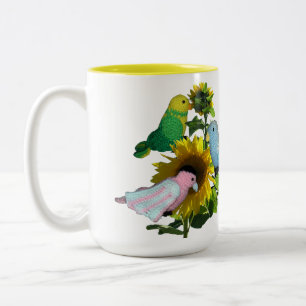 2 Couleurs Tasse - Oiseaux sur Tournesol Nom au-dessus de Fle