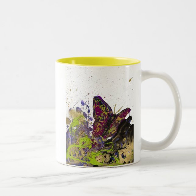 2 Couleurs Tasse Papillon Éclaboussé 11oz (Blanc/Jaune) (Droit)