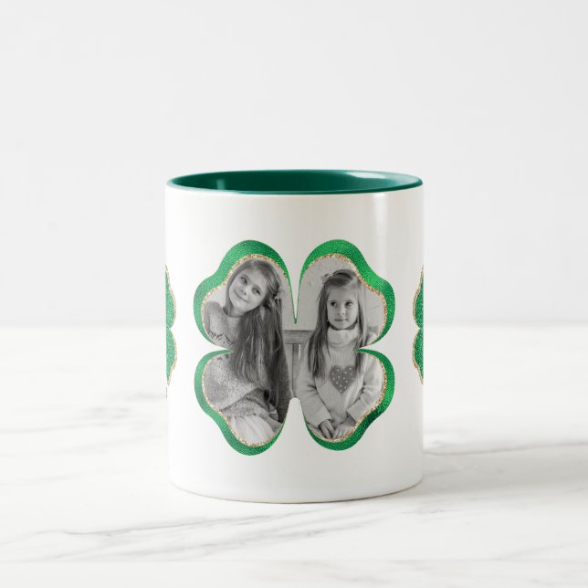 2 Couleurs Tasse Photo Trèfle Pailleté Vert et Or (Centre)