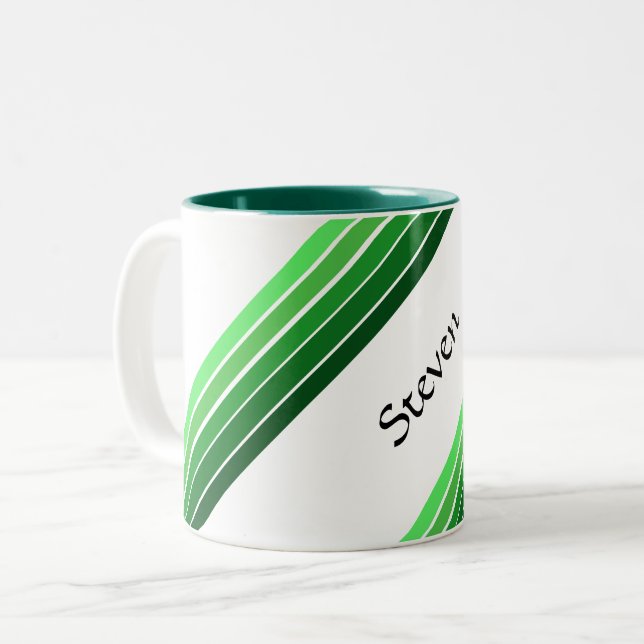 2 Couleurs Tasse - Rayures diagonales vertes avec nom (Devant gauche)