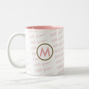 2 Couleurs tasse rose avec monogramme et motif de noms