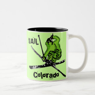 2 Couleurs Tasse verte au néon de thème de skieur de Vail l