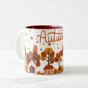 2 Couleurs Tasse Village Automnal Maisons Feuillage Cosy