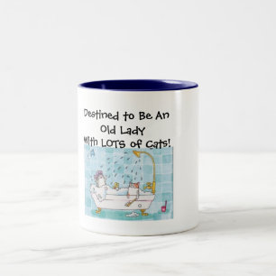2 Couleurs Vieille Madame avec la tasse de chats