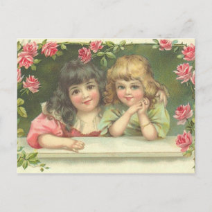 2 Filles victoriennes Roses roses Vintages Carte p