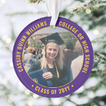 2 Graduation Photo Moderne Purple Or Jaune<br><div class="desc">Commémorez la réussite du diplômé avec une élégante coutume violet et jaune or deux photos ronde de graduation ornement de Noël. Les images et tout le texte sont simples à customiser et peuvent être différents à l'avant et à l'arrière. (AVIS DE CONCEPTION D'IMAGE ET DE TEXTE : 1) Pour ajuster...</div>