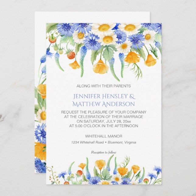 #2 Invitations de Fleurs sauvages jaunes bleus Aqu (Devant / Derrière)