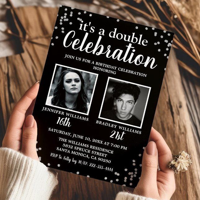 2 Photo Black Silver Invitation Anniversaire (Créateur téléchargé)