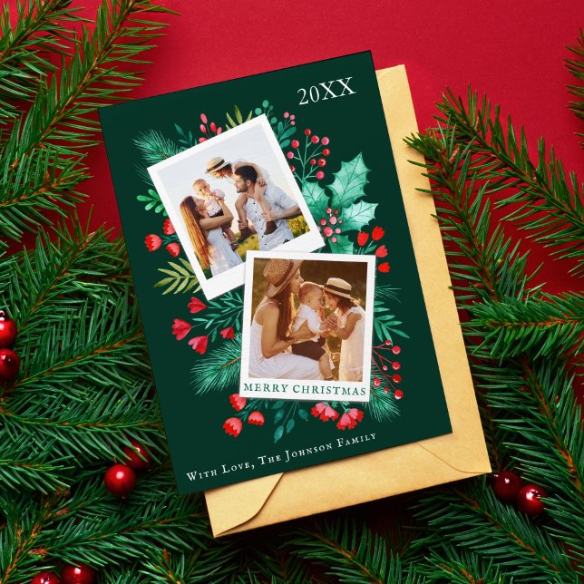 2 Photo Carte de Noël de famille Aquarelle Folio (2 Photo Family Christmas Card Watercolor Foliage)