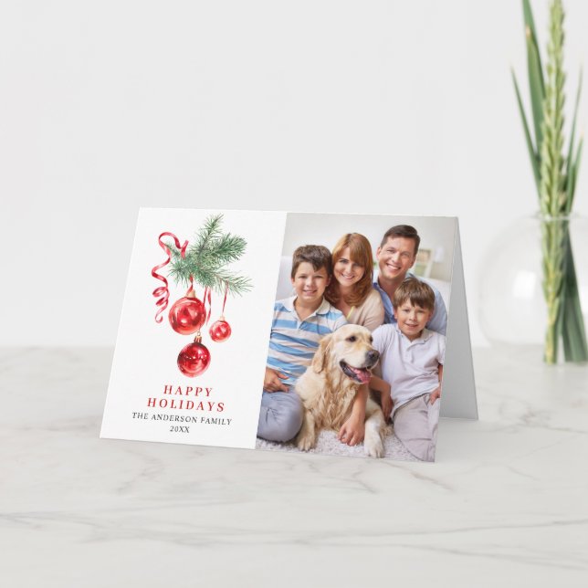 2 PHOTO Élégant Ornement Rouge Carte de Vœux de No (Devant)