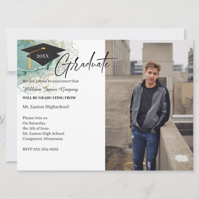 2 Photo Graduation Green Gold Carte Faire-part (Devant)