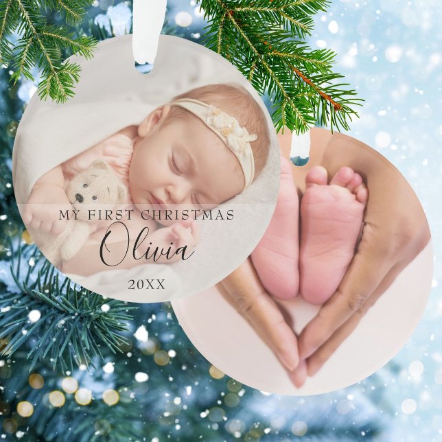 2 Photo Mon premier Noël Bébé Nom de script (2 Photo My First Christmas Baby Script Name Ornament)
