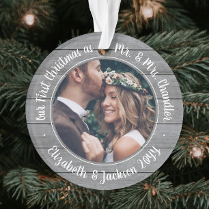 2 Photo Mr & Mrs 1st Christmas Grey Faux Wood