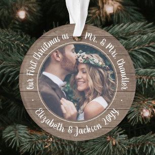 2 Photo Mr & Mrs 1st Christmas Rustic Faux Wood