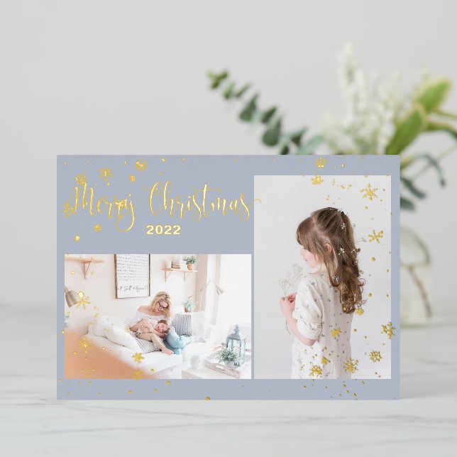 2 photo Snowflakes Christmas Gold Carte photo (Debout devant)