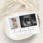 2 Photos Aventure Commence Faire-part de grossesse<br><div class="desc">Minimaliste 2 Photos Aventure Commence La Grossesse Faire-part. Remplacez simplement les deux exemples de photos par les vôtres et personnalisez-les avec votre slogan en bas. Notre Adventure Begins est dans un script stylé.</div>