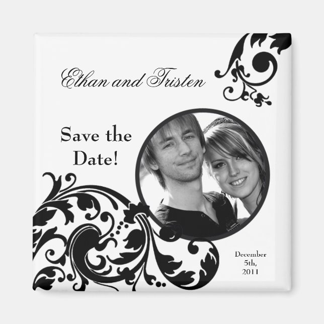 2"x2" Enregistrer la date Magnet noir blanc floral (Devant)