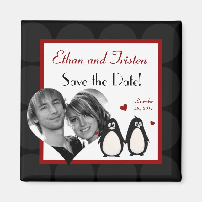 2"x2" Enregistrer la date Magnet Penguin Love Coup (Devant)