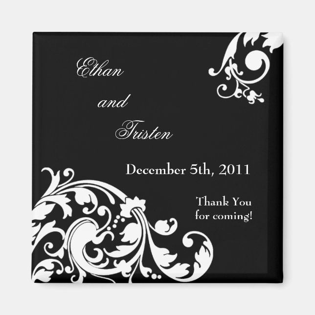 2"x2" Favoriser Aimant noir blanc floral Filigree (Devant)