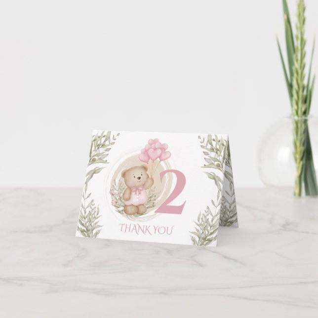 2e anniversaire Carte de remerciements d'ours rose (Devant)