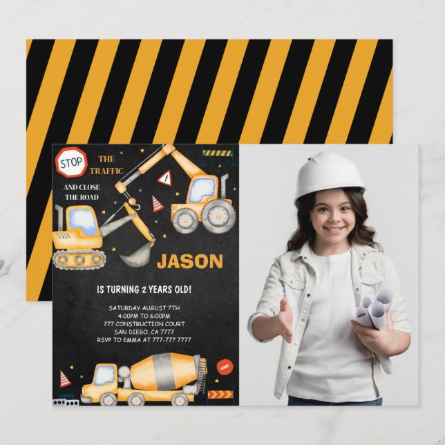 2e anniversaire Construction Boy Photo Invitation (Devant / Derrière)