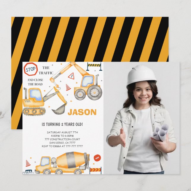 2e anniversaire Construction Boy Photo Invitation (Devant / Derrière)