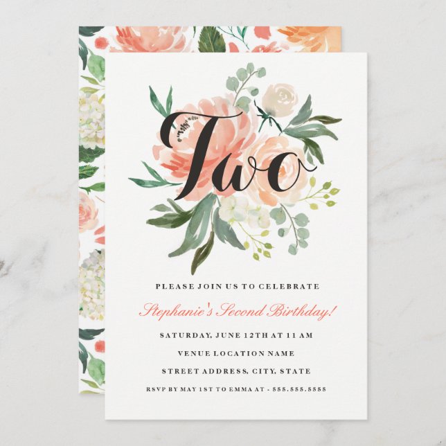 2e anniversaire Peach rose Floral Deux Invitation (Devant / Derrière)
