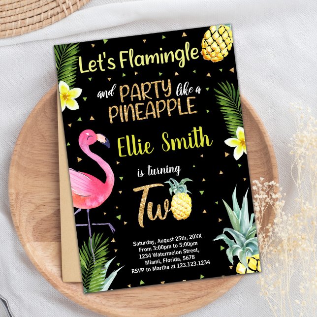 2e Invitations d'ananas à Flamant rose de Parties  (2nd Black Glitter Flamingo Pineapple Invitations)