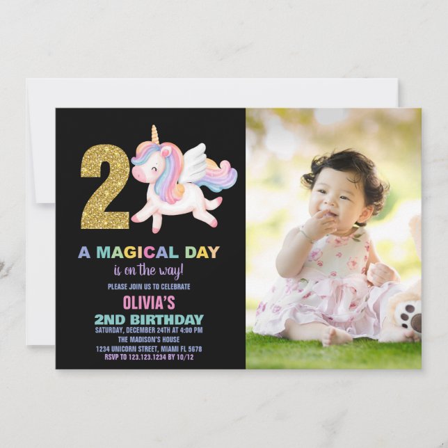 2e Rainbow Unicorn Birthday Invitations photo (Devant)