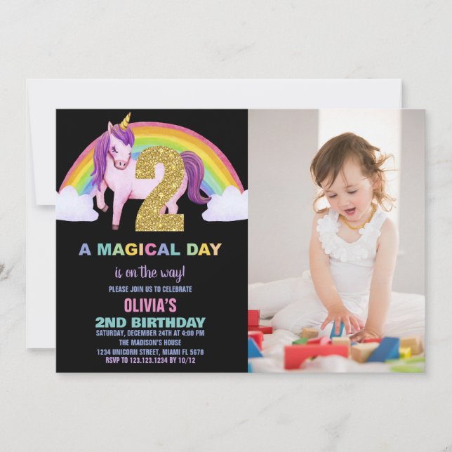 2e Rainbow Unicorn Birthday Invitations photo (Devant)